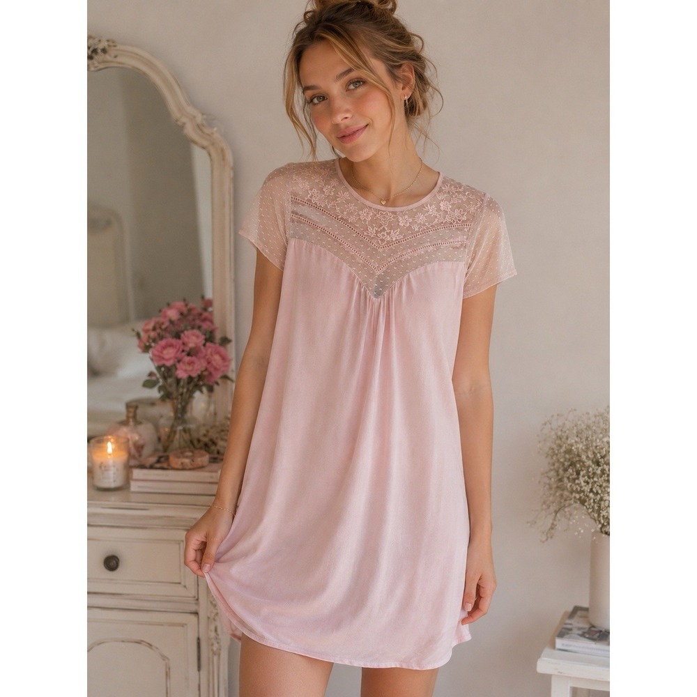 Xhilaration Pink Swiss Dot Embroidered Mesh Shift Dress Women's Small Soft Girl